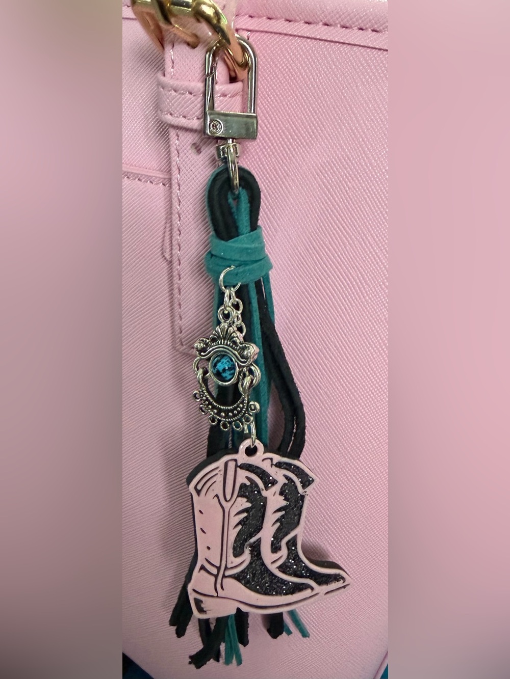 Hand Crafted Pink and Teal Western Boot Tassel Purse Charm
